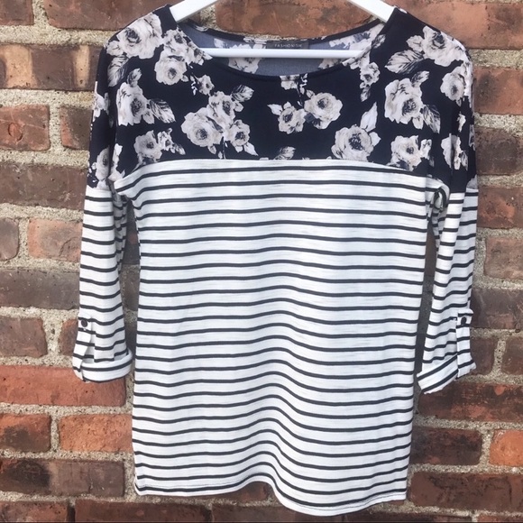 Mindy Mae Tops - Navy Striped Shirt with Floral Pattern